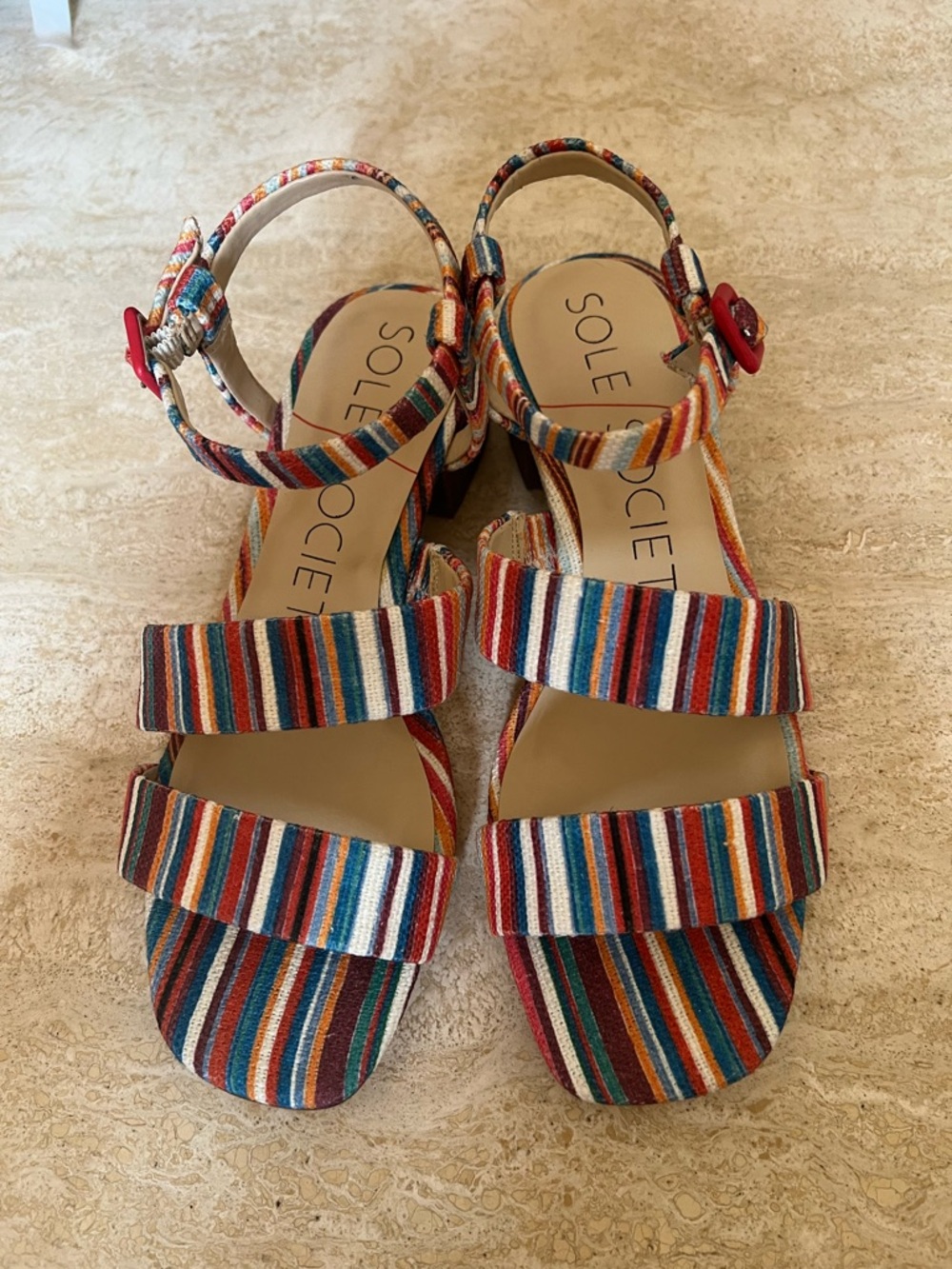 Sole Society Multicolor Striped Ankle-Strap Block Heel Sandals